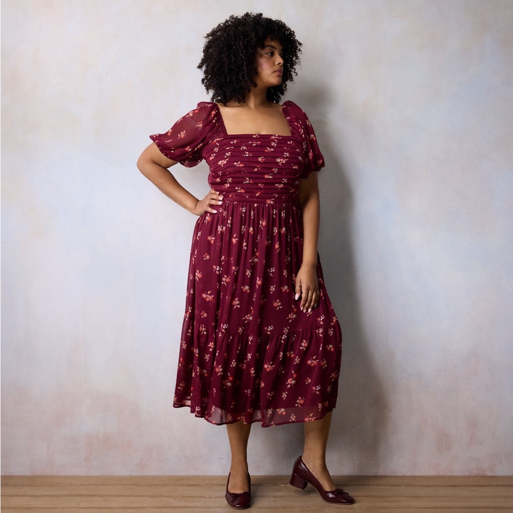 Plus Size LC Lauren Conrad Squareneck Pleated Bodice Tiered Midi Dress